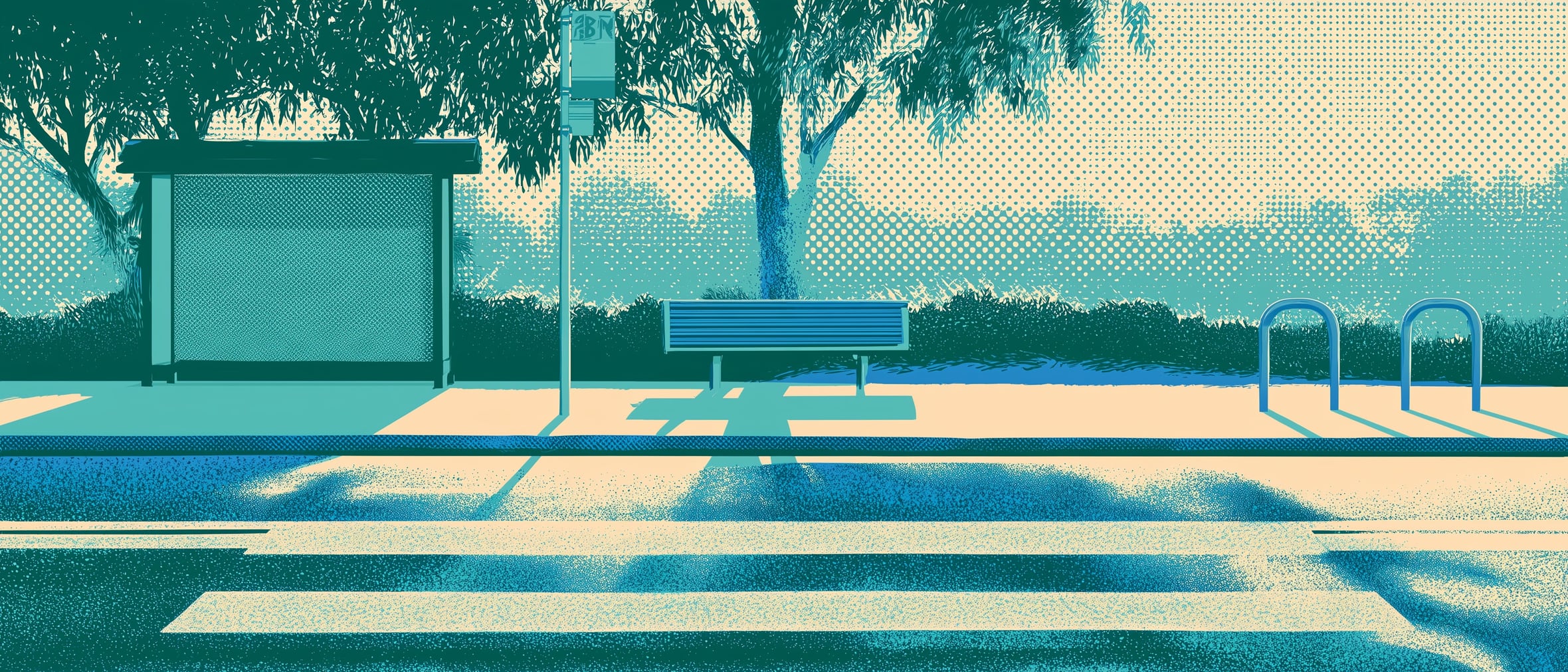 A bus shelter bench and bike racks in teal and peach
