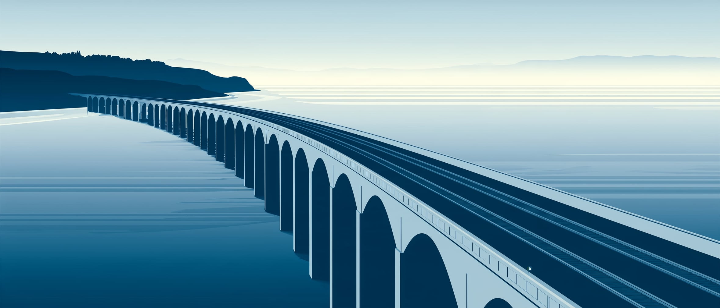 A long arched viaduct in navy and white beside still water
