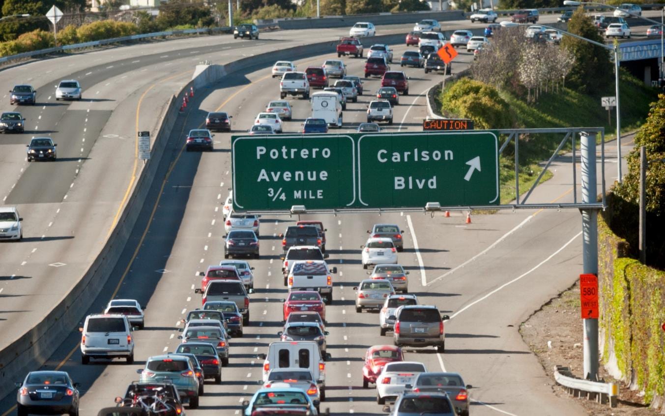 Interstate 80 traffic approaching the Potrero Avenue and Carlson Boulevard exits