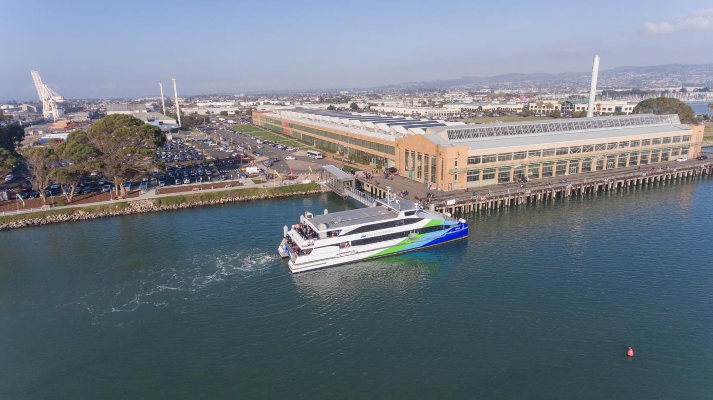 The Richmond ferry arriving at the Craneway Pavilion terminal