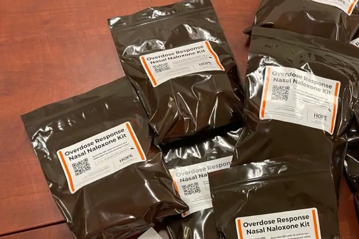Packages of naloxone, a drug that can reverse opioid overdoses.
