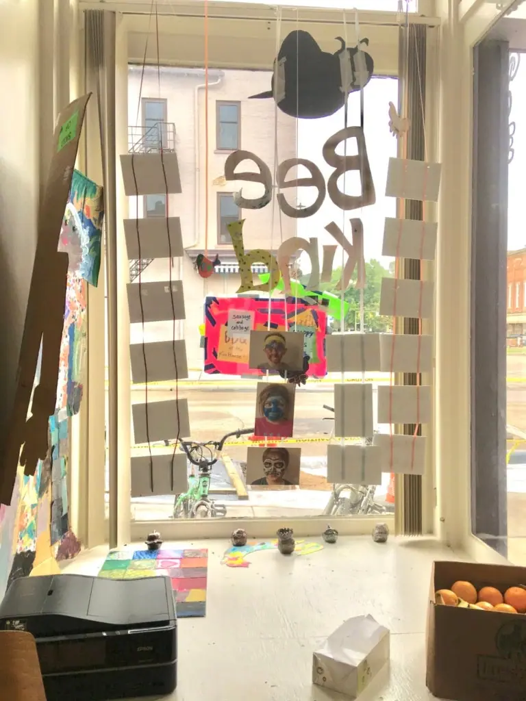 The front window of The Hive located in Nelsonville, Ohio.