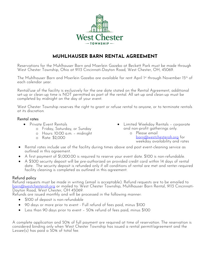 First page of Muhlhauser Barn Rental Use Agreement