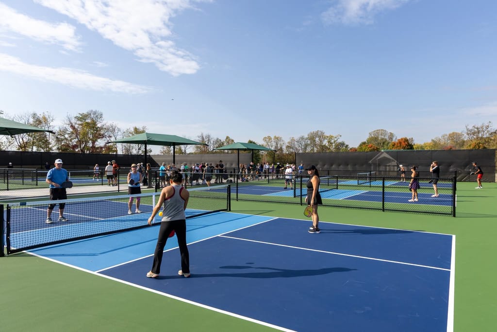 Players in the first games on the new pickleball courts at Beckett Park.