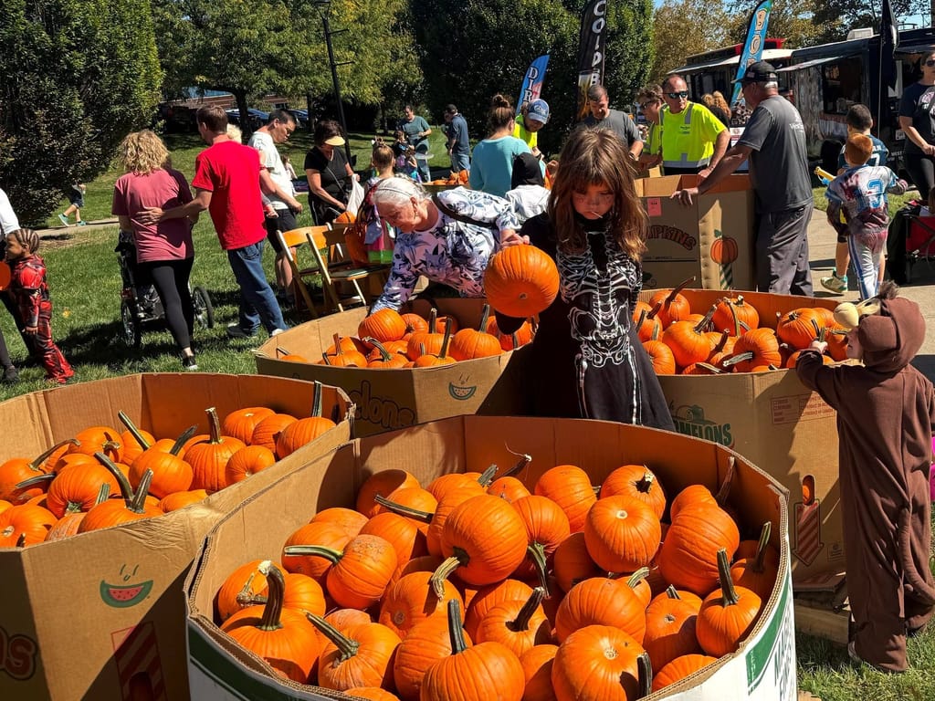 Children and adults pick pumpkins from crates at the Great Pumpkin Fest.